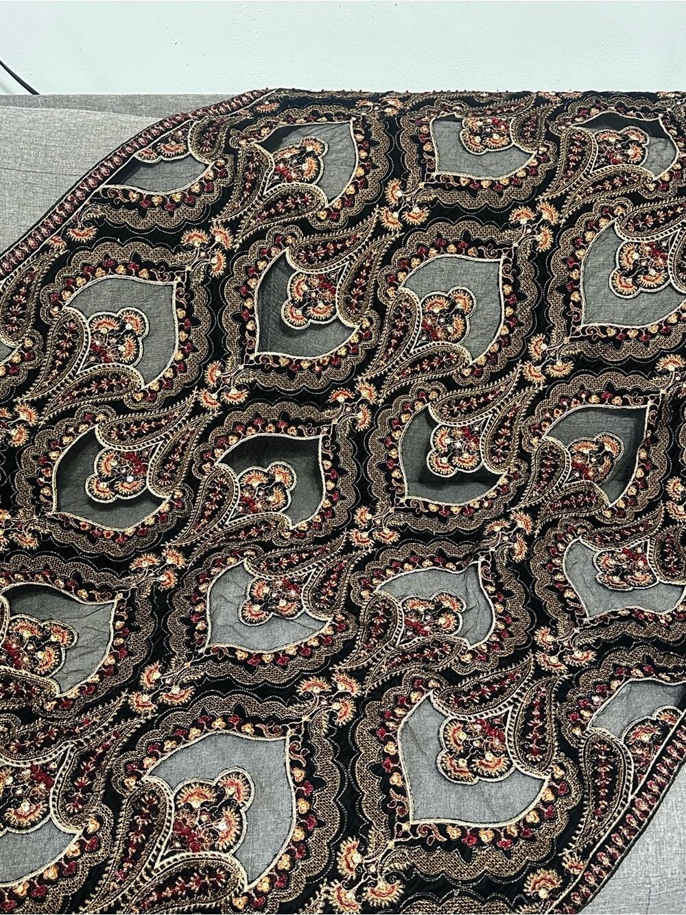 Black Paisley velvet Embroidered hand embellished Shawl with net cut work